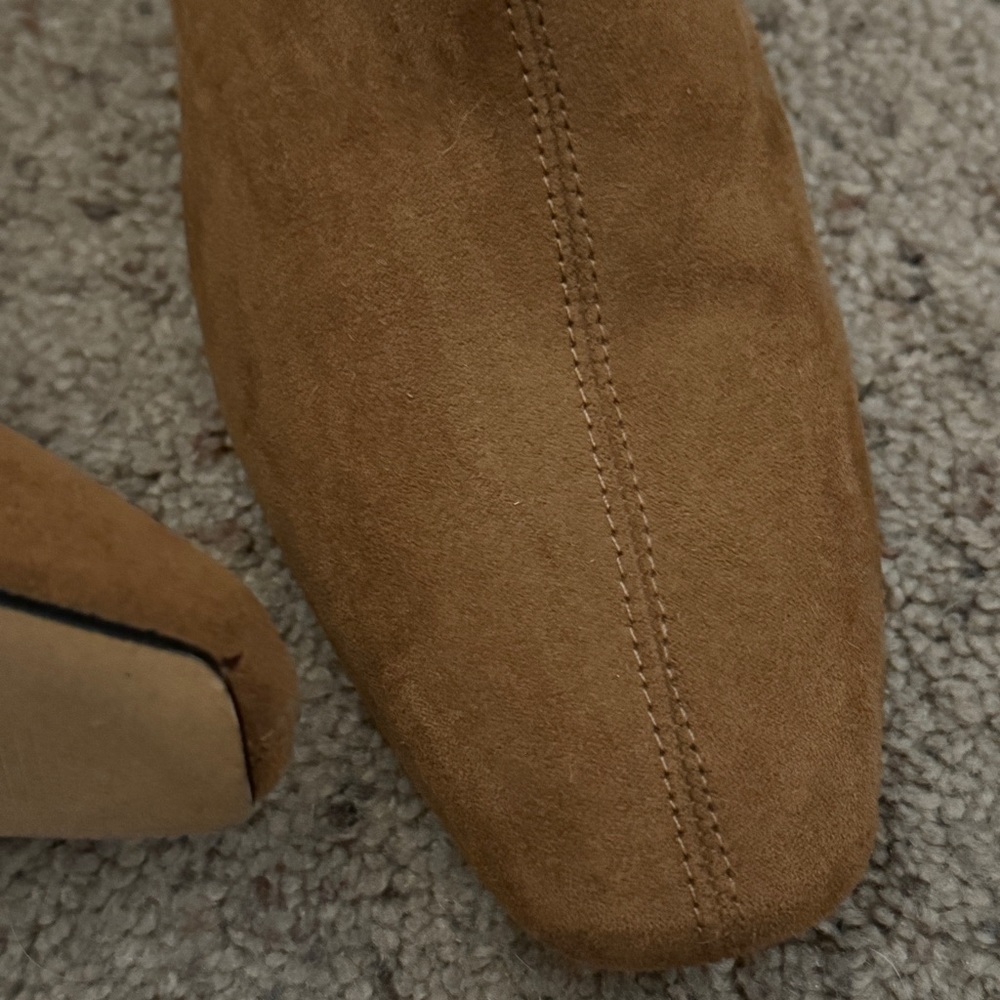 Lulus Square Toed Block Heel Camel Color Suede Ankle Boots - Picture 5 of 16